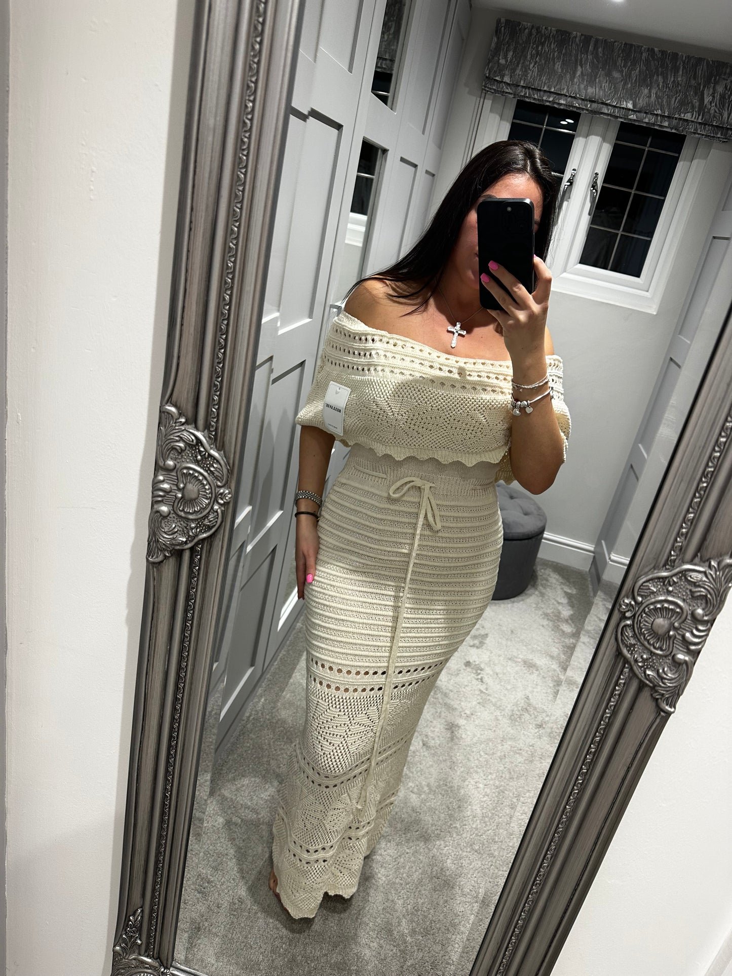Beige Crochet Off Shoulder Dress