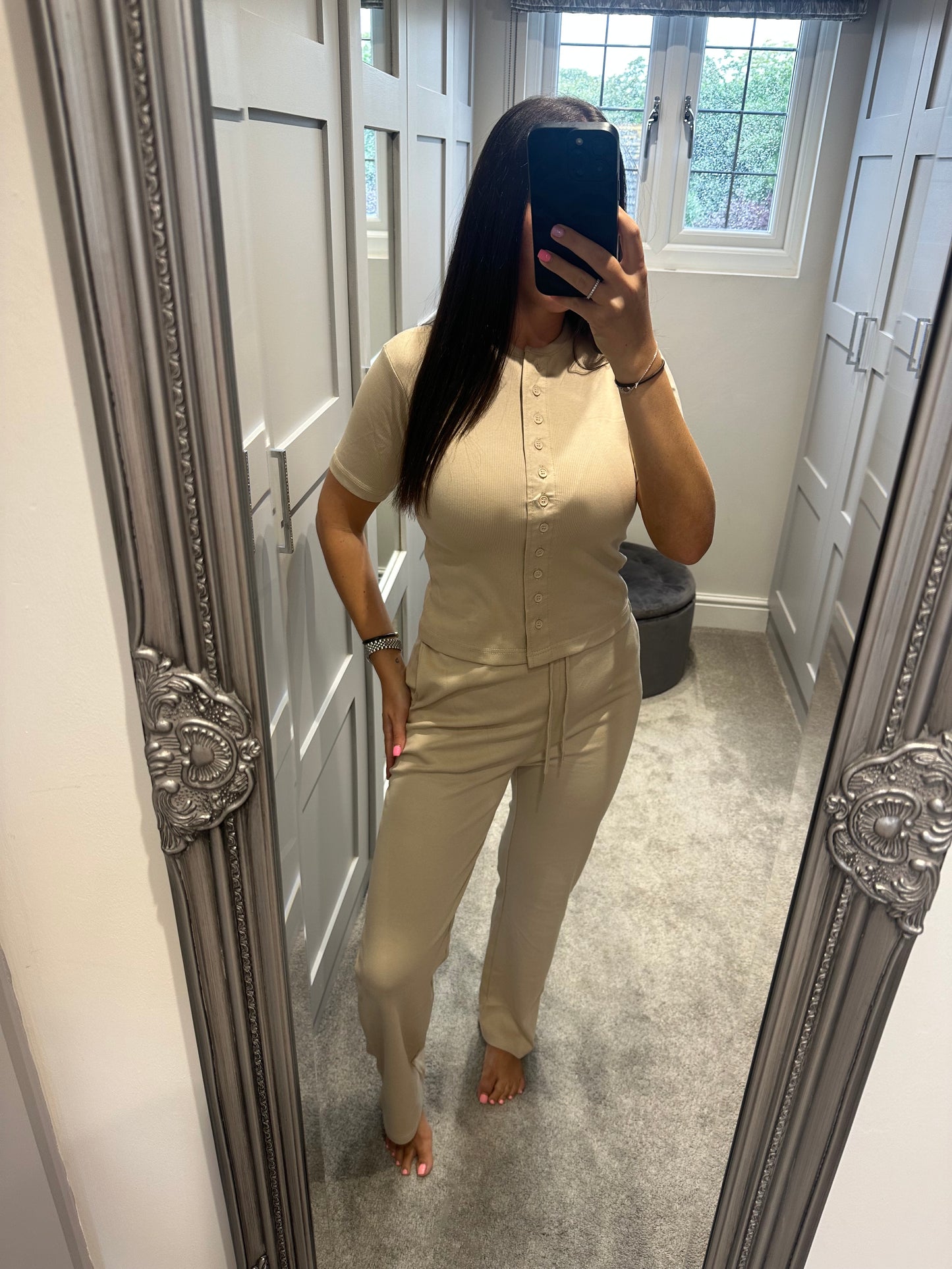 Beige Button Up Vest Lounge Set