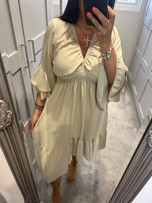 Beige V Neck Midi Dress