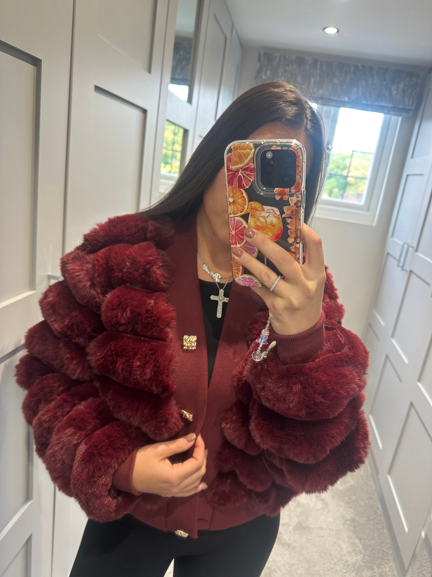 Wine Faux Fur Cardigan