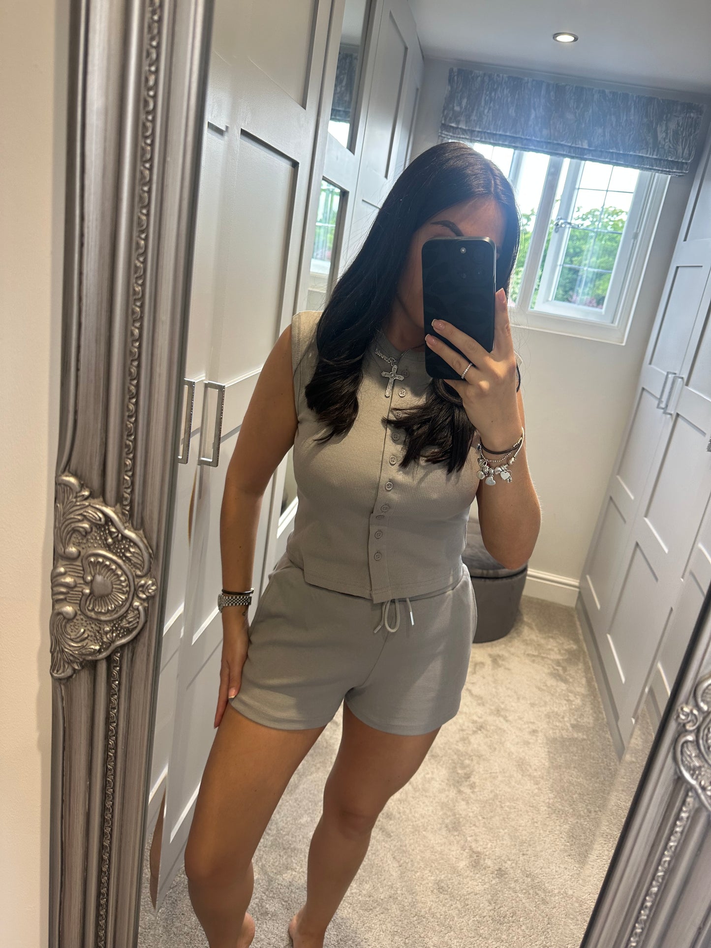 Dove Grey Button Up Vest Short Set