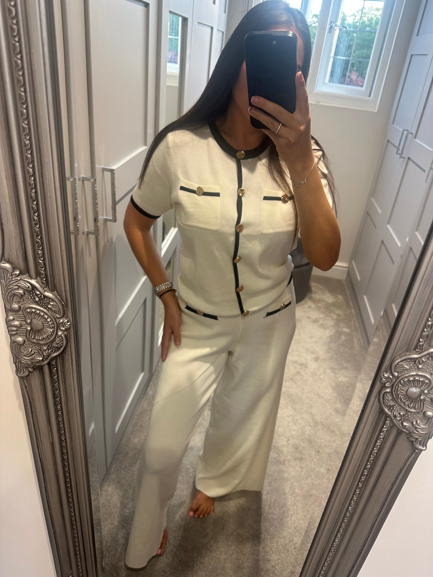 White Contrast Gold Button Lounge Set