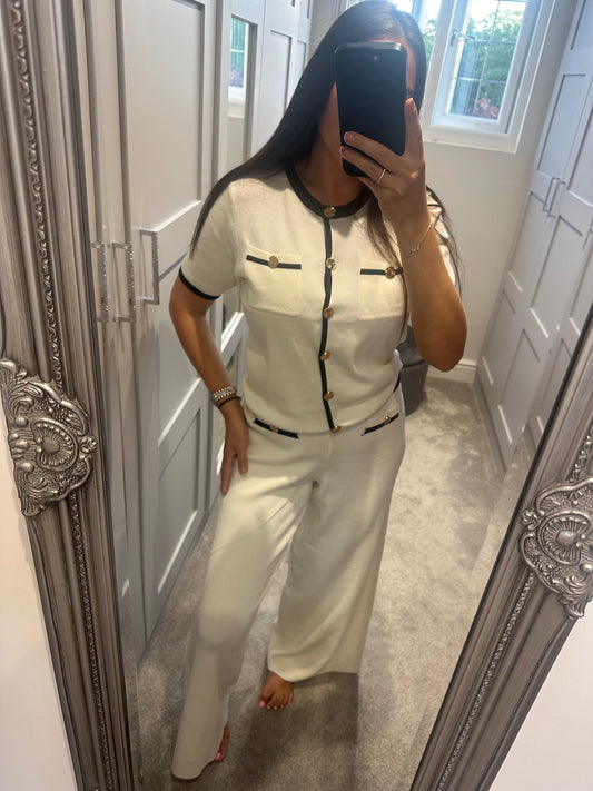 White Contrast Gold Button Lounge Set