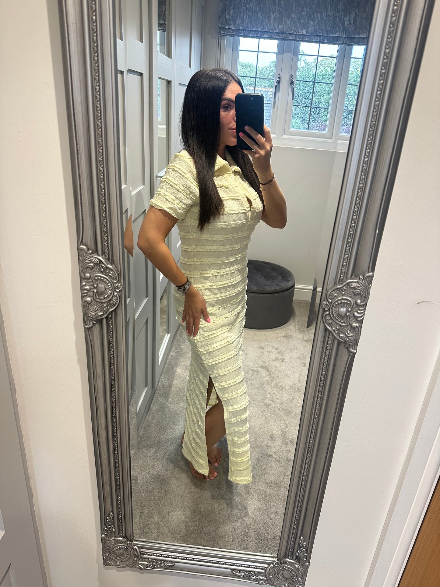 Yellow Textured Collared Maxi Dress