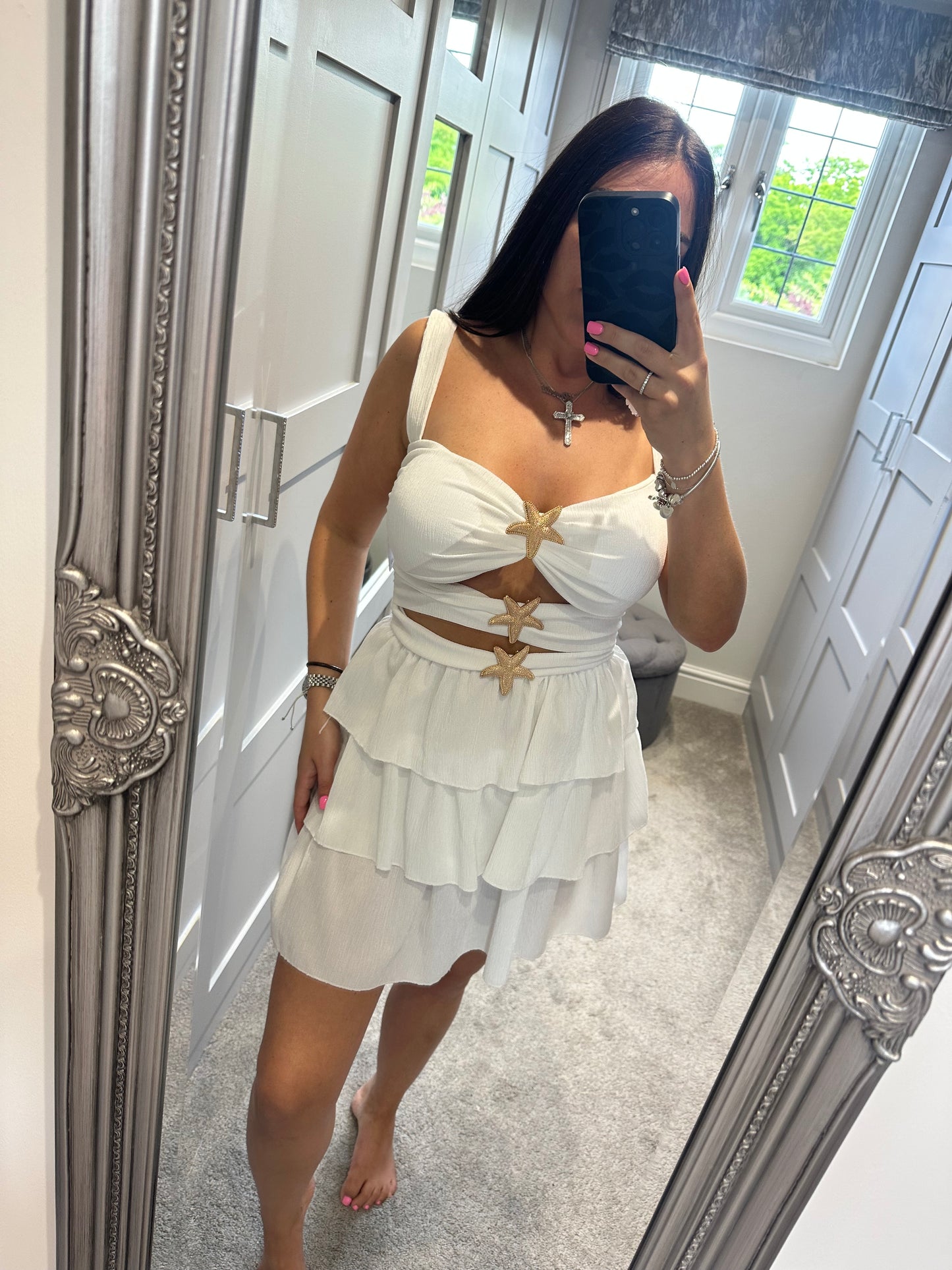 White Starfish Detail Ruffle Dress