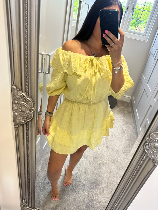 Yellow Cheesecloth Embroidered Frill Dress