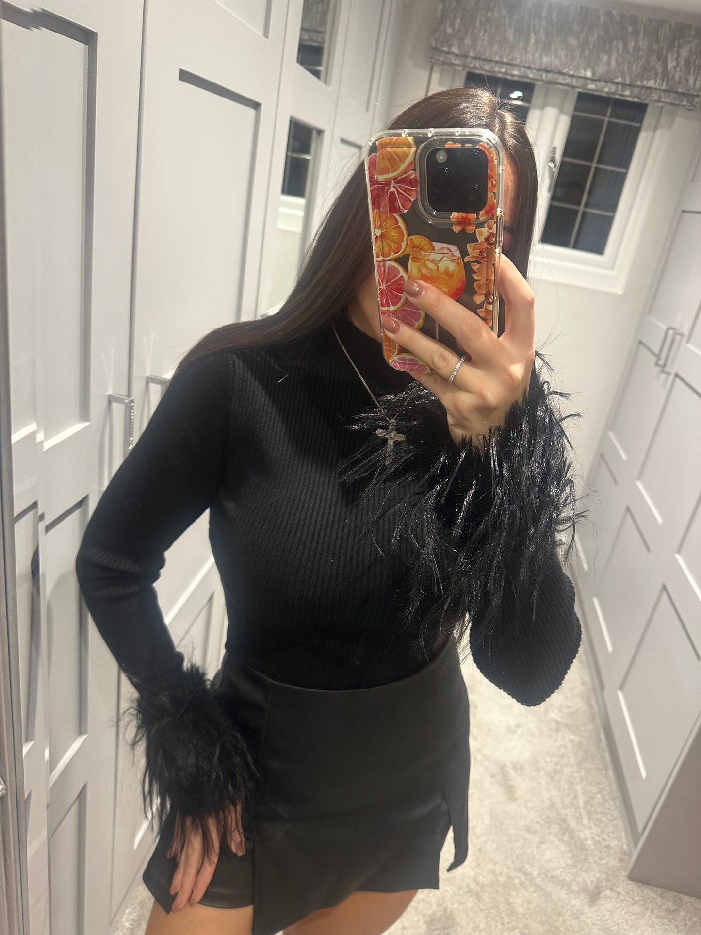 Black Feather Cuff Top