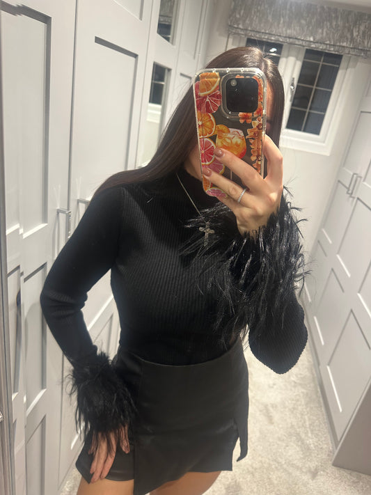 Black Feather Cuff Top