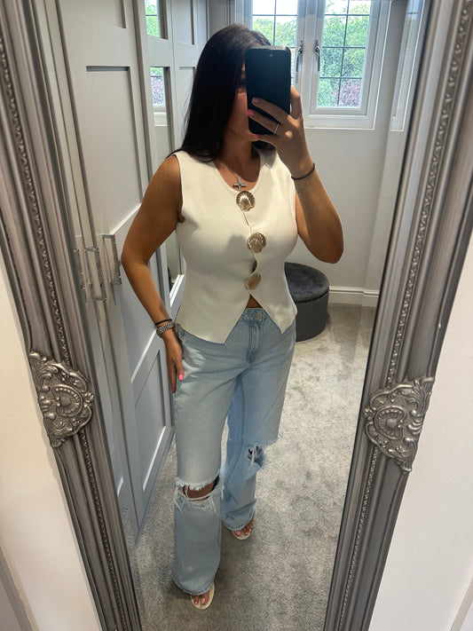 White Shell Button Vest